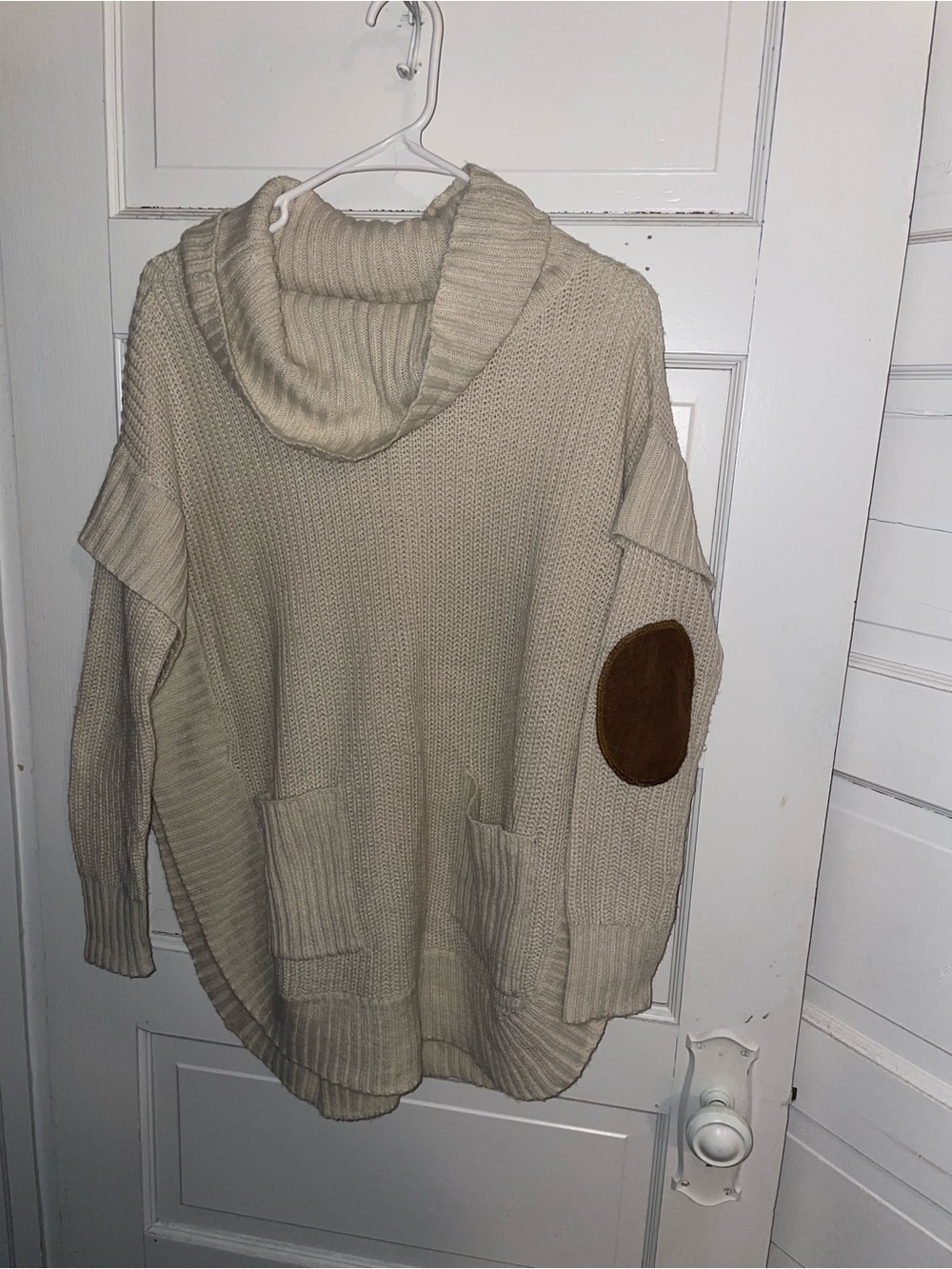 Alya Cream Cowl Neck Sweater with Brown Elbow Patch